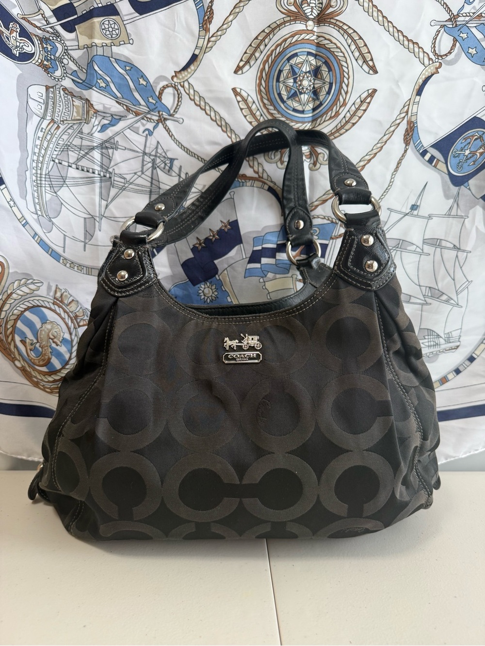 Vintage Coach Signature Black Canvas Shoulder Bag
